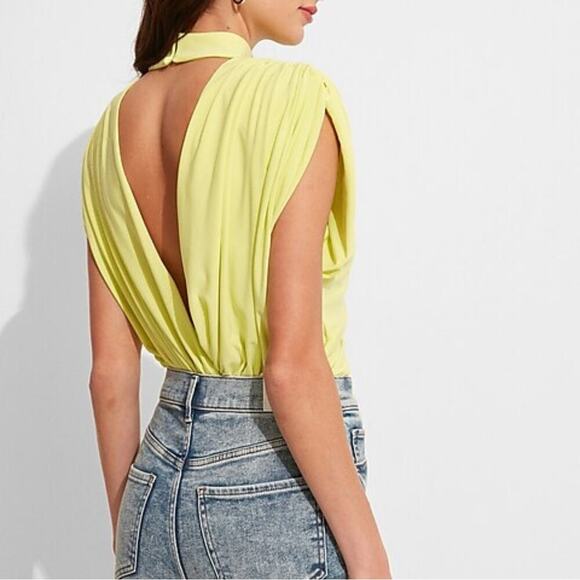 Express Neon Yellow Draped Mock Neck Open Back Thong Bodysuit w Shoulder Pads - Picture 2 of 12